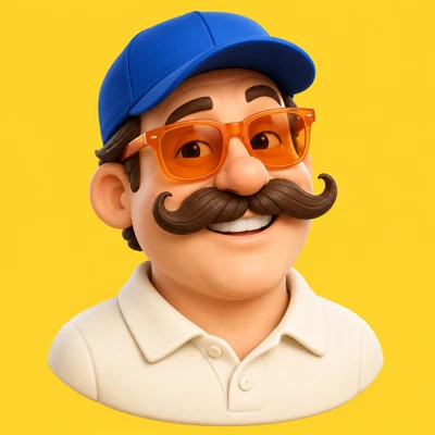 Our grinning dad mascot in a blue cap and orange sunglasses